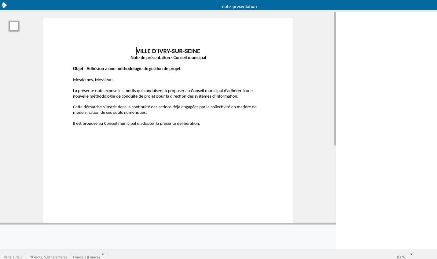 Édition d'une note de présentation Word dans Collabora Online, intégré à VibeDélib