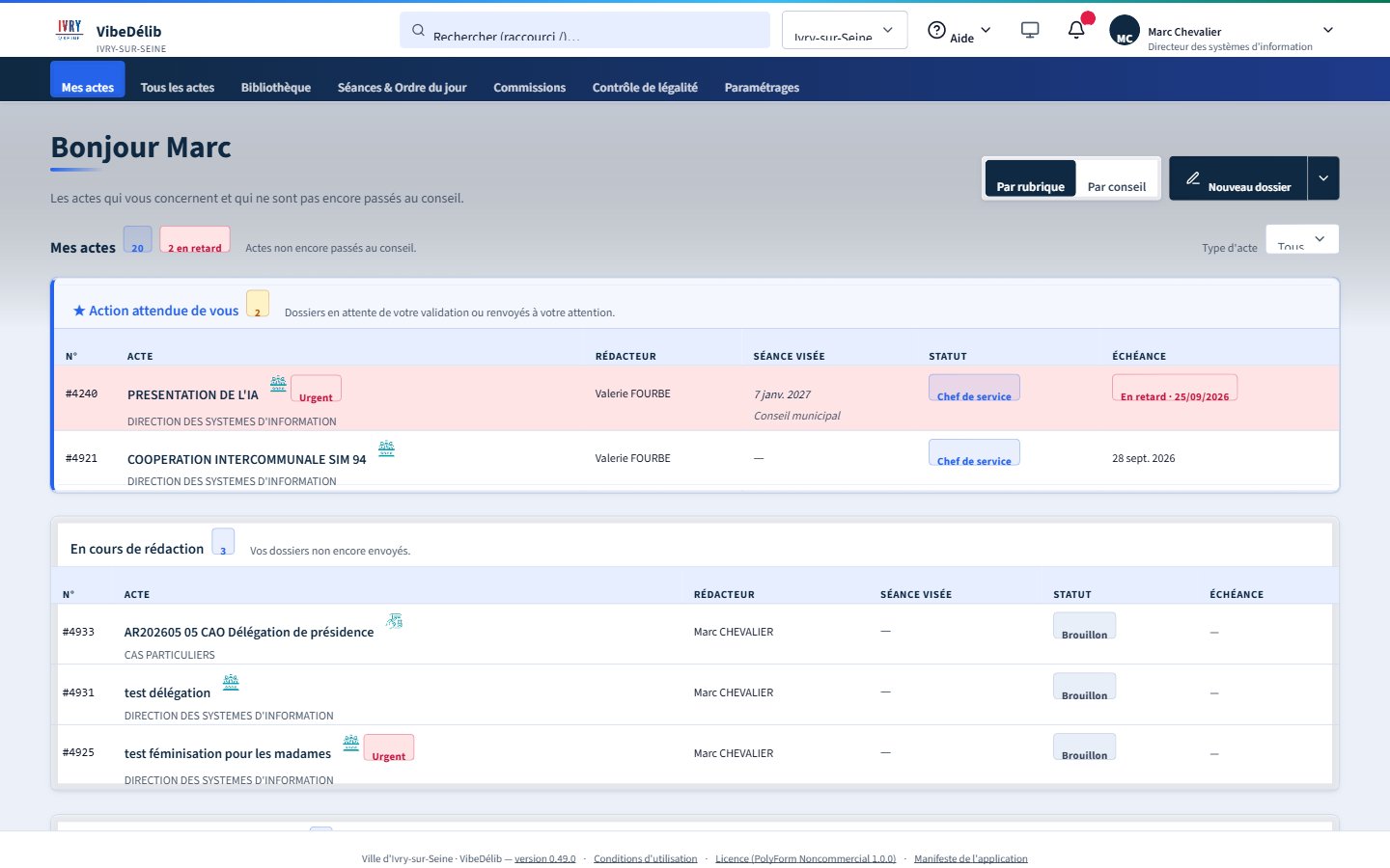 Tableau de bord VibeDélib : actes en attente de validation, en retard, ou en cours de rédaction