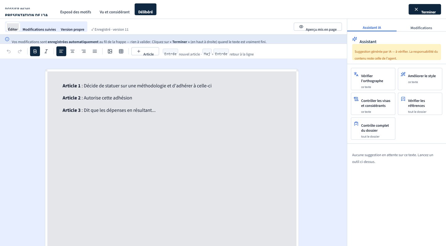 Éditeur d'un article de délibération avec le panneau Assistant IA ouvert