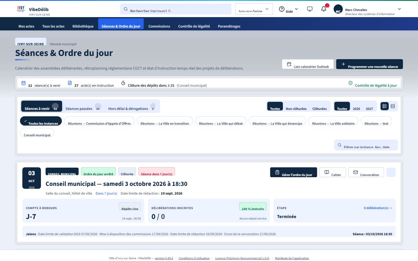 Vue des séances et de l'ordre du jour avec comptes à rebours et jalons réglementaires